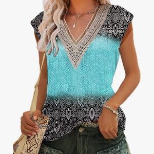 NWT Trendy Eyelet Fabric Tank Tops Cap Sleeve Shirts Lace V Neck size small